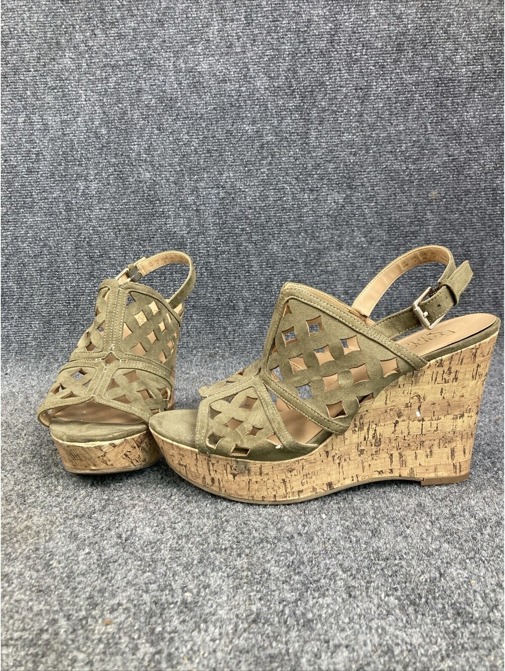Franco Sarto Women 10 Green Suede Cut Slingback Open Toe Cork Wedge Sandal